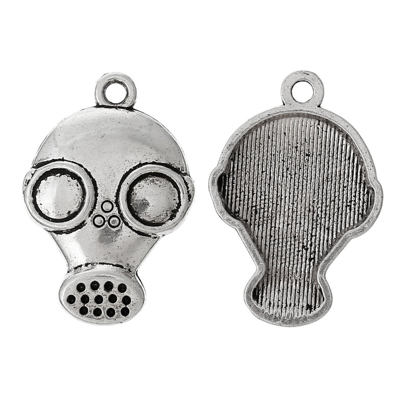 5 Antique Silver Tone Large GAS MASK Pendant Charms . chs0436