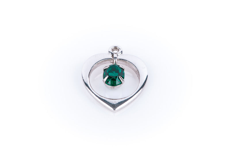 Moveable Charm, Emerald Green Rhinestone in Sterling Silver Open Heart, Pendant pms0377