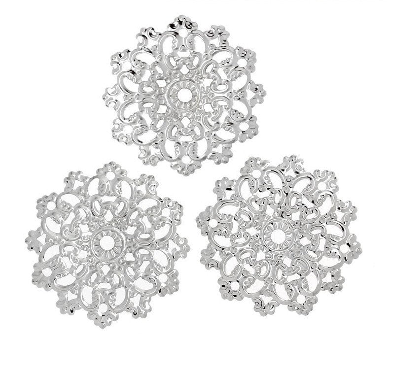 100 Large Antique Silver Filigree Rounds, flat thin findings for jewelry making, crafts, bulk,  FIL0005b