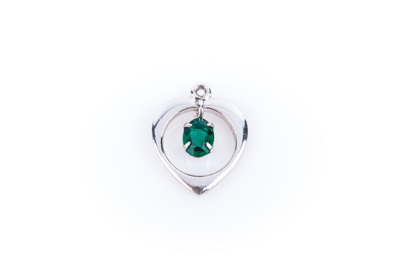 Moveable Charm, Emerald Green Rhinestone in Sterling Silver Open Heart, Pendant pms0377
