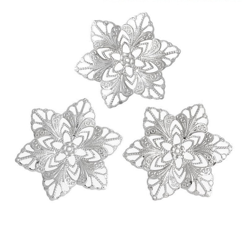 20 Large Antique Silver Filigree FLOWER Shapes, flat thin findings for jewelry making, crafts  FIL0006