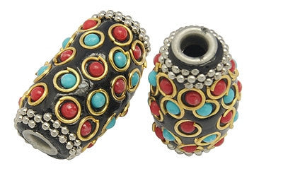 2 Unique Large TUBE Multicolor Indonesian Clay Beads, Bali Accents, turquoise, red, silver, gold, black, 1-1/4" long