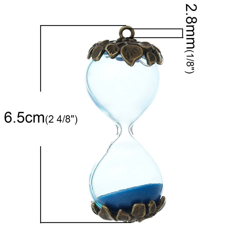 1 Bronze Tone Metal and Glass HOURGLASS with Blue Sand, Large Charm Connector chb0201