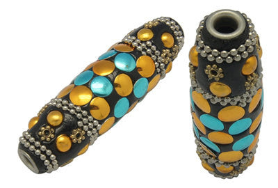 2 Unique Large TUBE Multicolor Indonesian Clay Beads, Rhinestuds and Bali Accents, turquoise, gold, black, 2-3/8" long