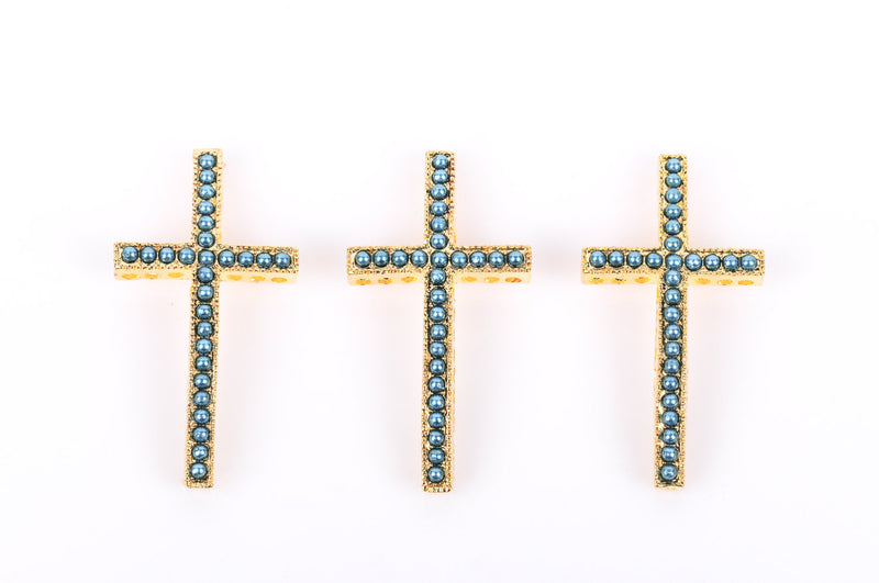 2 Pearl Sideways Crosses, bright gold one metal base and TURQUOISE BLUE gems chg0040