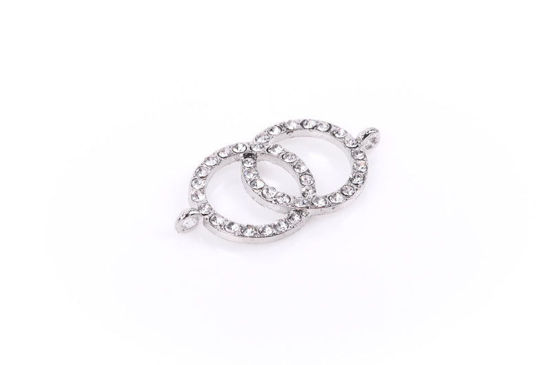 1 Rhinestone Sideways DOUBLE CIRCLE Connector Charm, silver tone metal base and clear crystals . chs0461