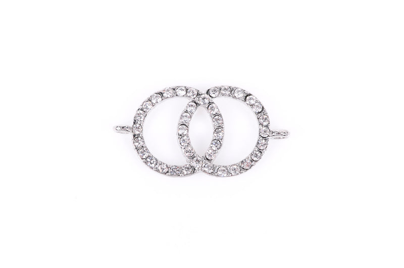 1 Rhinestone Sideways DOUBLE CIRCLE Connector Charm, silver tone metal base and clear crystals . chs0461