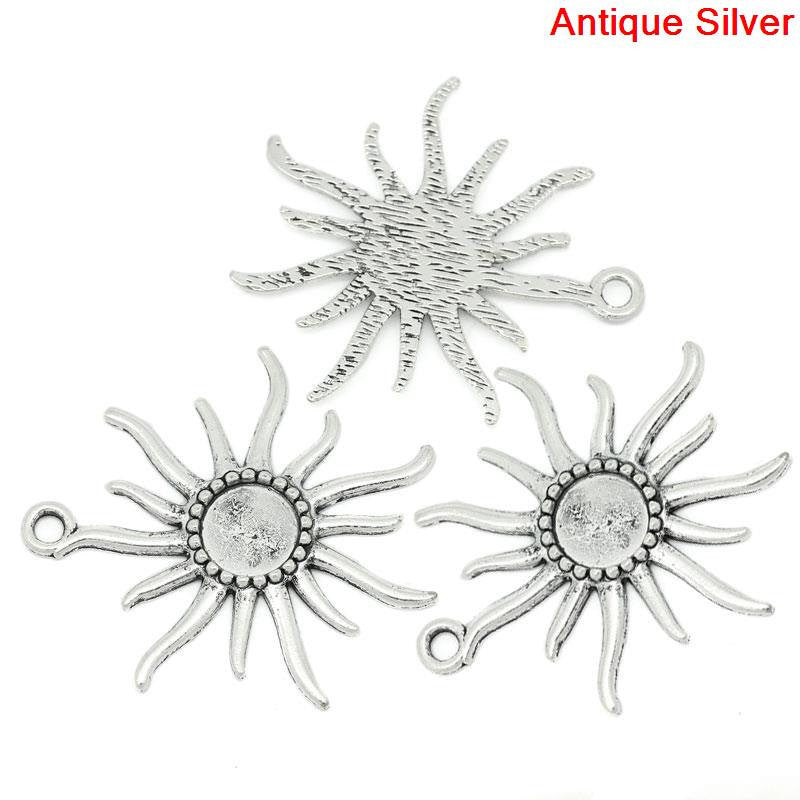 3 SUN Charm Pendants, Silver Metal Large, bezel tray fits 12mm cabochons chs0513