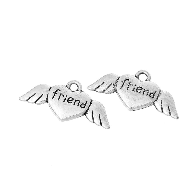 10 Silver Metal Stamped Word FRIEND Heart with Wings, Tag Charm Pendants chs0474