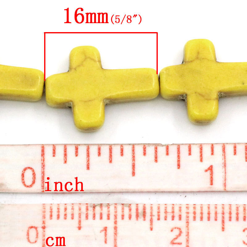 1 Strand Small Howlite Cross Beads, 16x12mm,  Yellow Sideways cross how0086