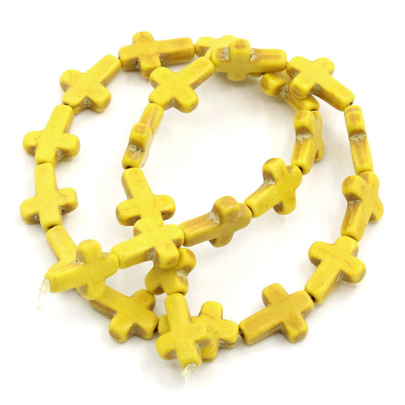 1 Strand Small Howlite Cross Beads, 16x12mm,  Yellow Sideways cross how0086