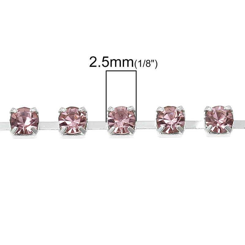 1 yard ( 3 feet ) Rhinestone Cup Chain, 2.5mm, bright silver base metal and pink glass crystals fch0180