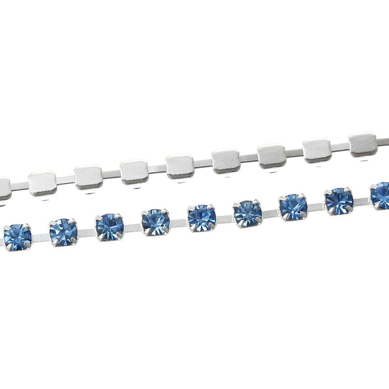 1 yard ( 3 feet ) Rhinestone Cup Chain, 2mm, bright silver base metal and LIGHT SAPPHIRE BLUE glass crystals fch0186