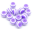 100 Round LAVENDER PURPLE and WHITE Acrylic Striped Beads . 10mm  bulk package bac0040