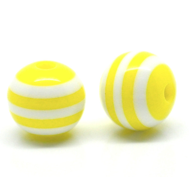 100 Round YELLOW and WHITE Acrylic Striped Beads 10mm  bulk package bac0043