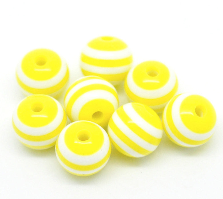 100 Round YELLOW and WHITE Acrylic Striped Beads 10mm  bulk package bac0043