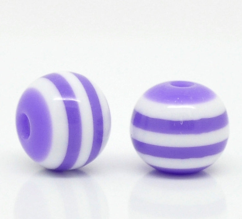 8mm Bubblegum Beads, Round LAVENDER PURPLE and WHITE Acrylic Striped, 200 beads, bac0045