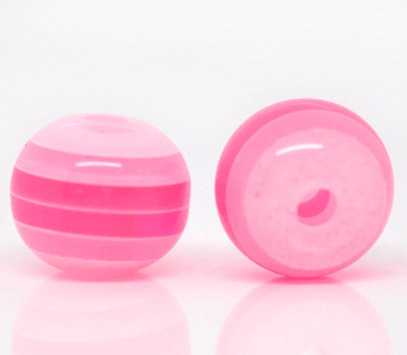 200 Round HOT PINK and WHITE Acrylic Striped Beads  8mm  bulk package bac0049