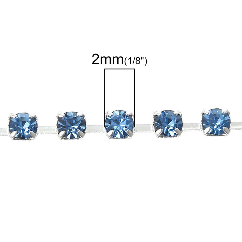 1 yard ( 3 feet ) Rhinestone Cup Chain, 2mm, bright silver base metal and LIGHT SAPPHIRE BLUE glass crystals fch0186