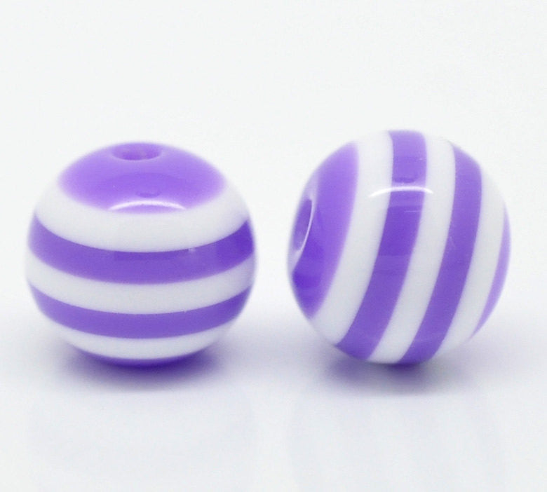 100 Round LAVENDER PURPLE and WHITE Acrylic Striped Beads . 10mm  bulk package bac0040