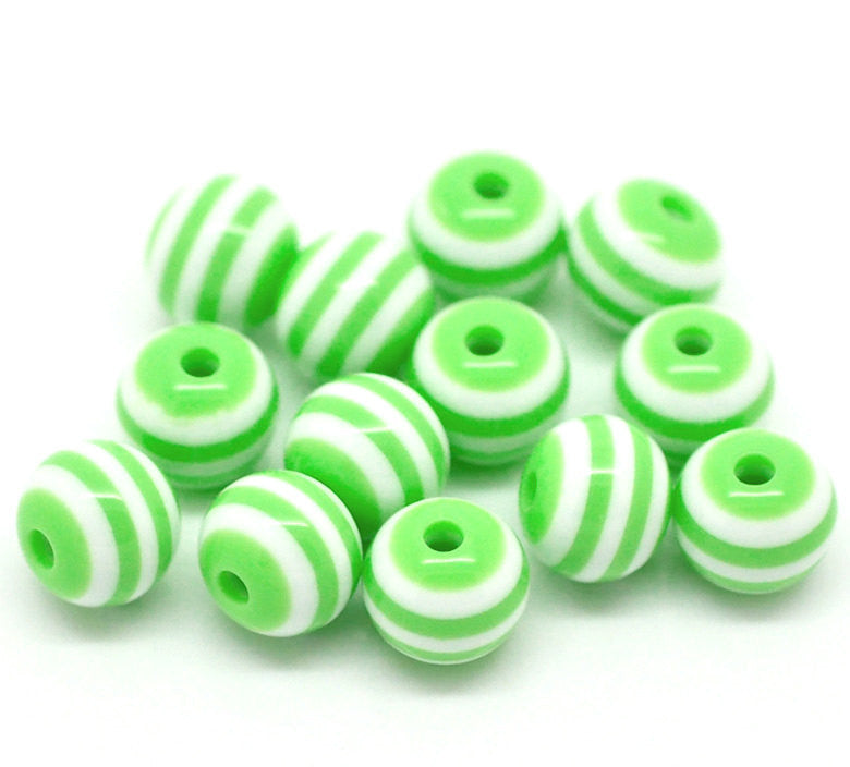 8mm Round GREEN and WHITE Acrylic Beads, Striped Beads, bulk package of 200 beads, bac0044