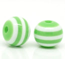 8mm Round GREEN and WHITE Acrylic Beads, Striped Beads, bulk package of 200 beads, bac0044