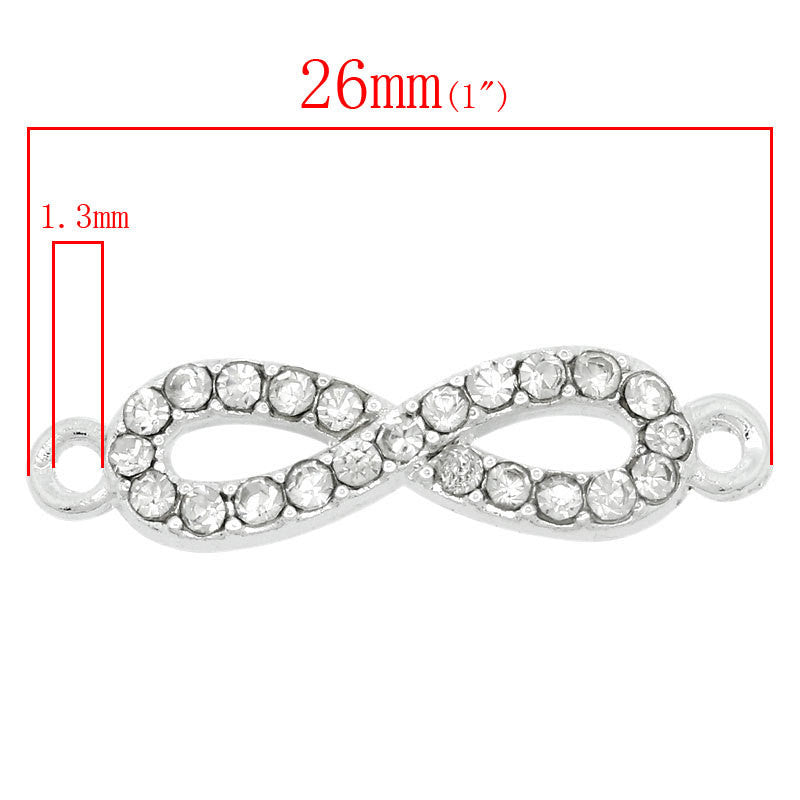 4 Rhinestone BRIGHT SILVER Infinity Connector Charms 26mm long . chs0529