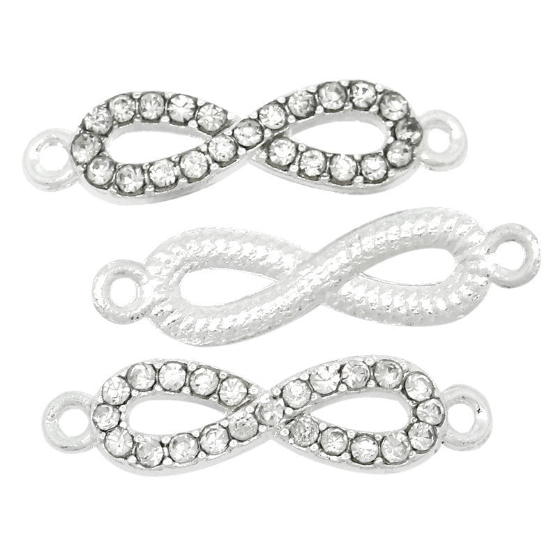 4 Rhinestone BRIGHT SILVER Infinity Connector Charms 26mm long . chs0529