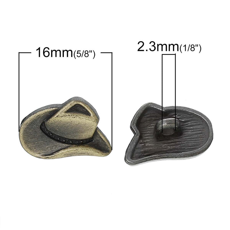 6 Bronze Metal COWBOY HAT Shank Buttons for Jewelry Making, Scrapbooking, Sewing  BUT0016