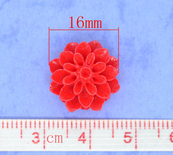 10 Resin Flower Cabochons, Chrysanthemum Mum . RED  .  16mm cab0128