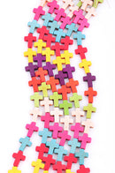 Strand Small Carved Stone Howlite CROSS Beads in Mixed Bright Colors,16mm x 12mm, sideways cross how0132