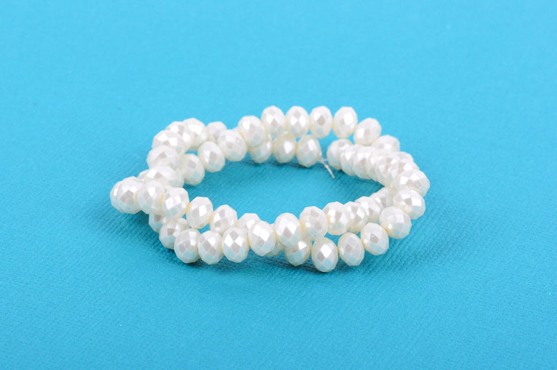 6x4mm Metallic Pearl OFF-WHITE Opaque Crystal Glass Faceted Rondelle Beads . 1 Strand, bgl0076