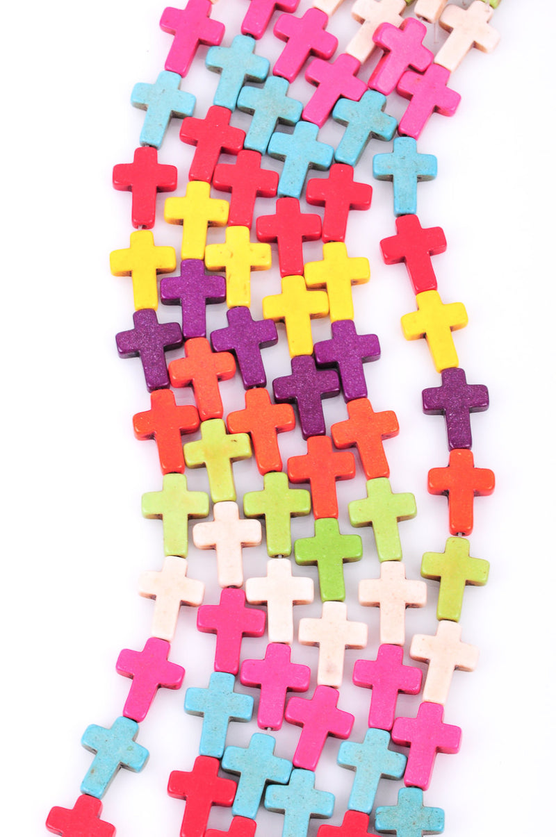 Strand Small Carved Stone Howlite CROSS Beads in Mixed Bright Colors,16mm x 12mm, sideways cross how0132