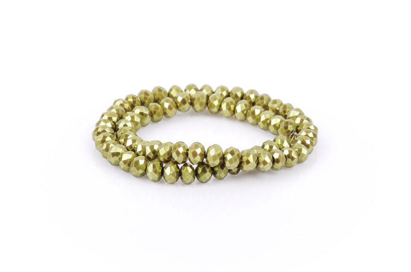 8x6mm Metallic Pearl OLIVE GREEN Opaque Crystal Glass Faceted Rondelle Beads . 1 Strand, bgl0090