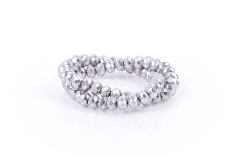 8x6mm Metallic Pearl SILVER HEATHER GREY Opaque Crystal Glass Faceted Rondelle Beads . 1 Strand, bgl0081