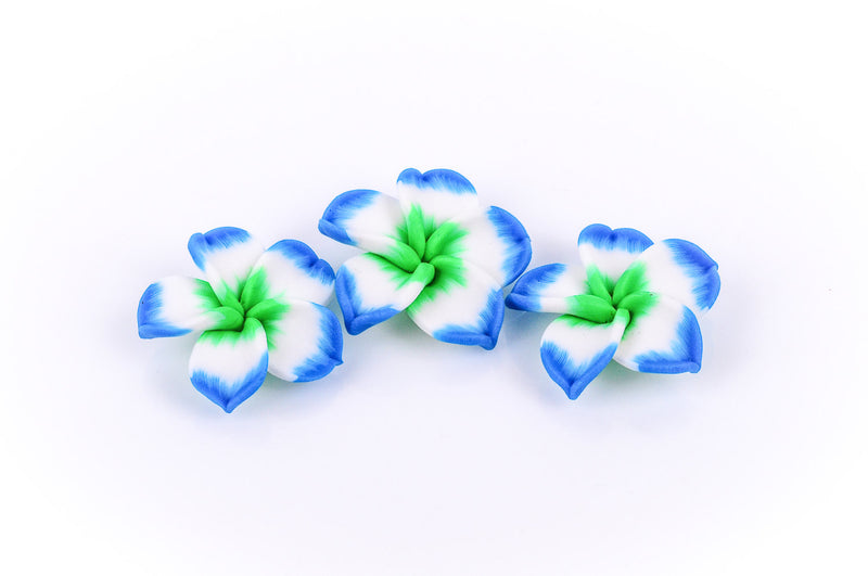 6 MULTI COLORED Polymer Clay Pansy Violet Plumeria Flower Beads  large, 34mm (about 1.25") turquoise green, white  pol0057