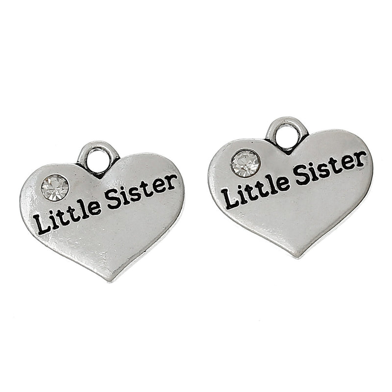 1 Silver Tone Rhinestone " Little Sister " Heart Charm Pendant 16x14mm chs0566a