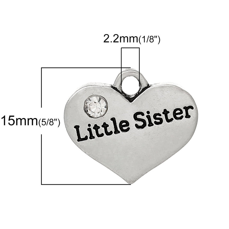 20 Bulk Package Silver Tone Rhinestone " Little Sister " Heart Charm Pendants 16x14mm chs0566b