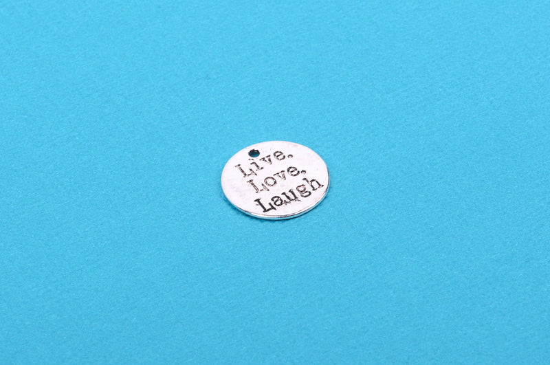 10 Silver Metal REVERSIBLE Live Love Laugh and Karma Charm Pendants, stamped on both sides, chs0666