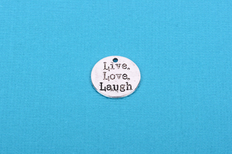 10 Silver Metal REVERSIBLE Live Love Laugh and Karma Charm Pendants, stamped on both sides, chs0666
