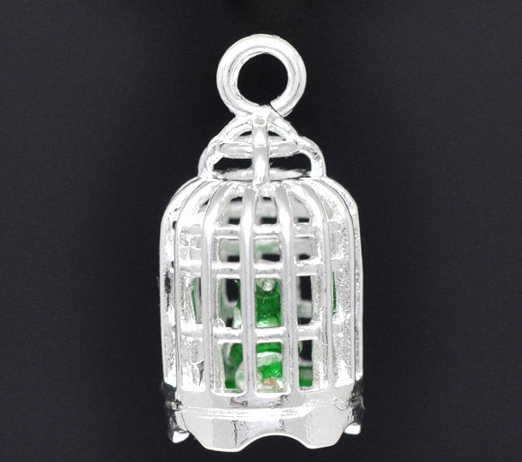 Silver Plated Green Bird Parrot In Bird Cage Birdcage 3D 3-D Charm Pendant chs0859