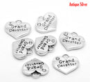 1 GRAND DAUGHTER Antique Silver Tone Charm Pendants, heart with rhinestones  chs0855