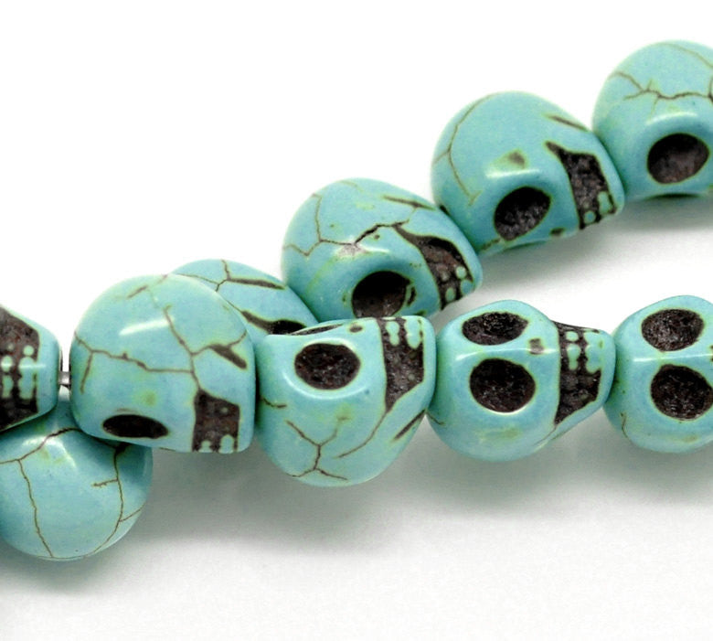 12mm TURQUOISE BLUE Sugar Skull Howlite Gemstone Beads, full strand, carved stone, how0145