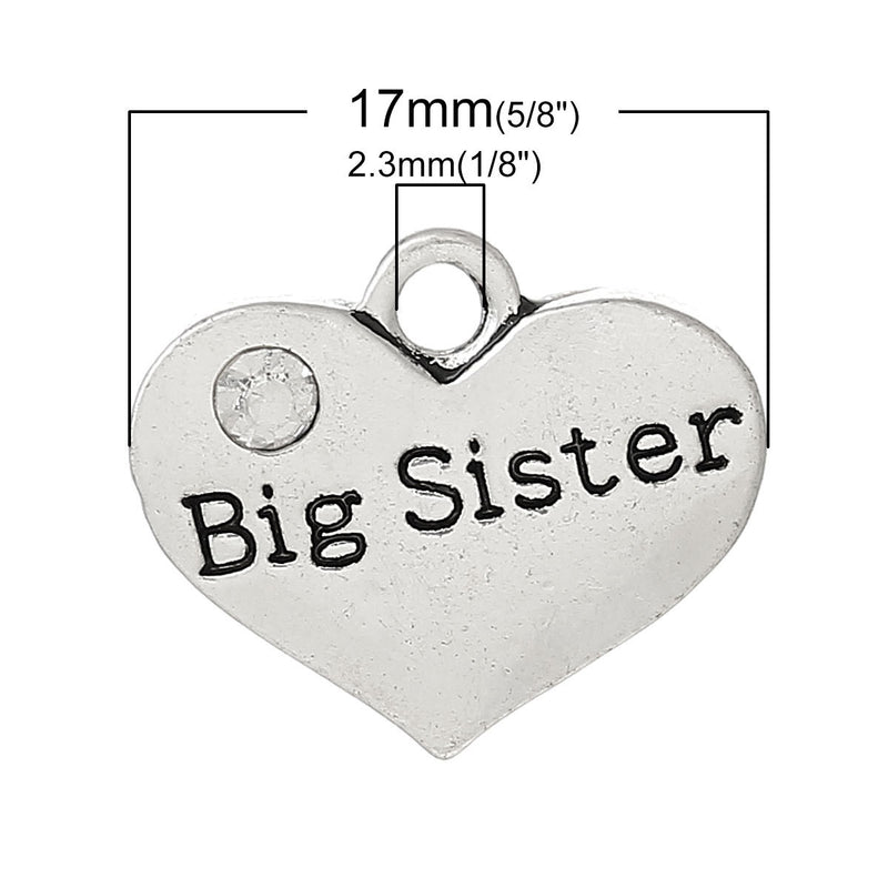 20 Bulk Package Silver Tone Rhinestone " Big Sister " Heart Charm Pendant 16x14mm chs1040b