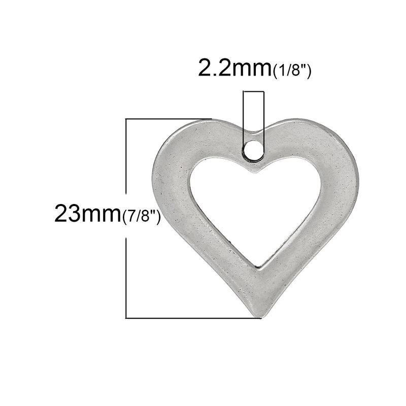 6 Silver Tone Open HEART Charm Pendants, 23x23mm chs1053