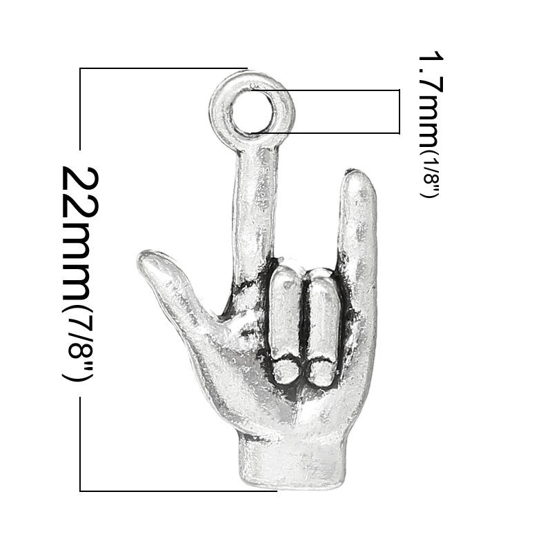 50 Antiqued Silver I LOVE You Hand Sign for Sign Language, Charm Pendants, bulk pack, chs1057b