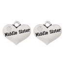 1 Silver Tone Rhinestone " Middle Sister " Heart Charm Pendant 16x14mm chs1046