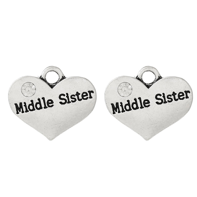 1 Silver Tone Rhinestone " Middle Sister " Heart Charm Pendant 16x14mm chs1046