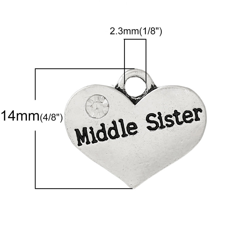 1 Silver Tone Rhinestone " Middle Sister " Heart Charm Pendant 16x14mm chs1046