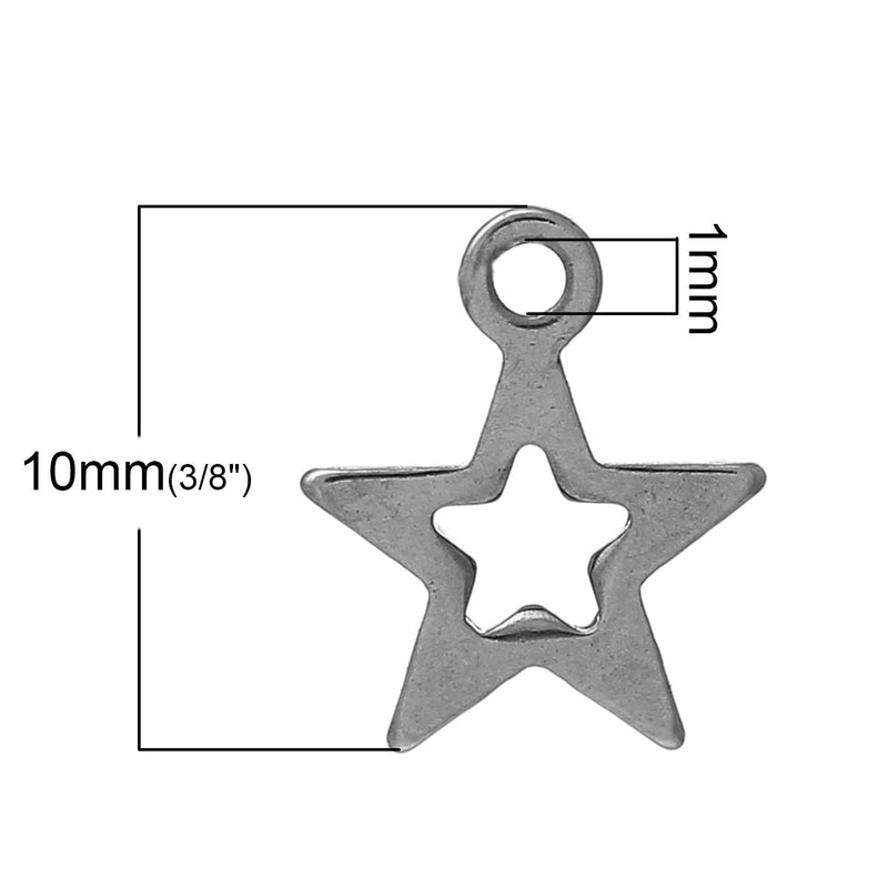 10 Small Stainless Steel Metal Charms, OPEN STAR tags chs1043